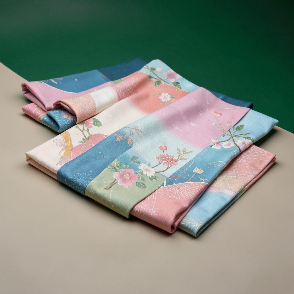 Layered pastel-toned traditional Japanese textiles arranged softly on a muted beige backdrop
