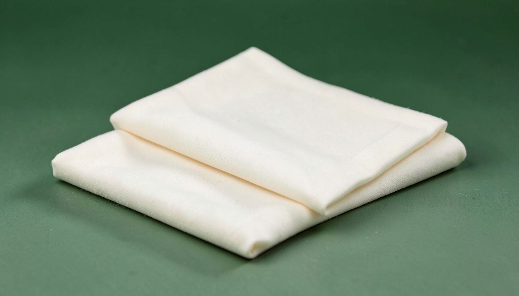 Soft cream fabric folded on a muted sage-green surface, conveying a calm, traditional mood