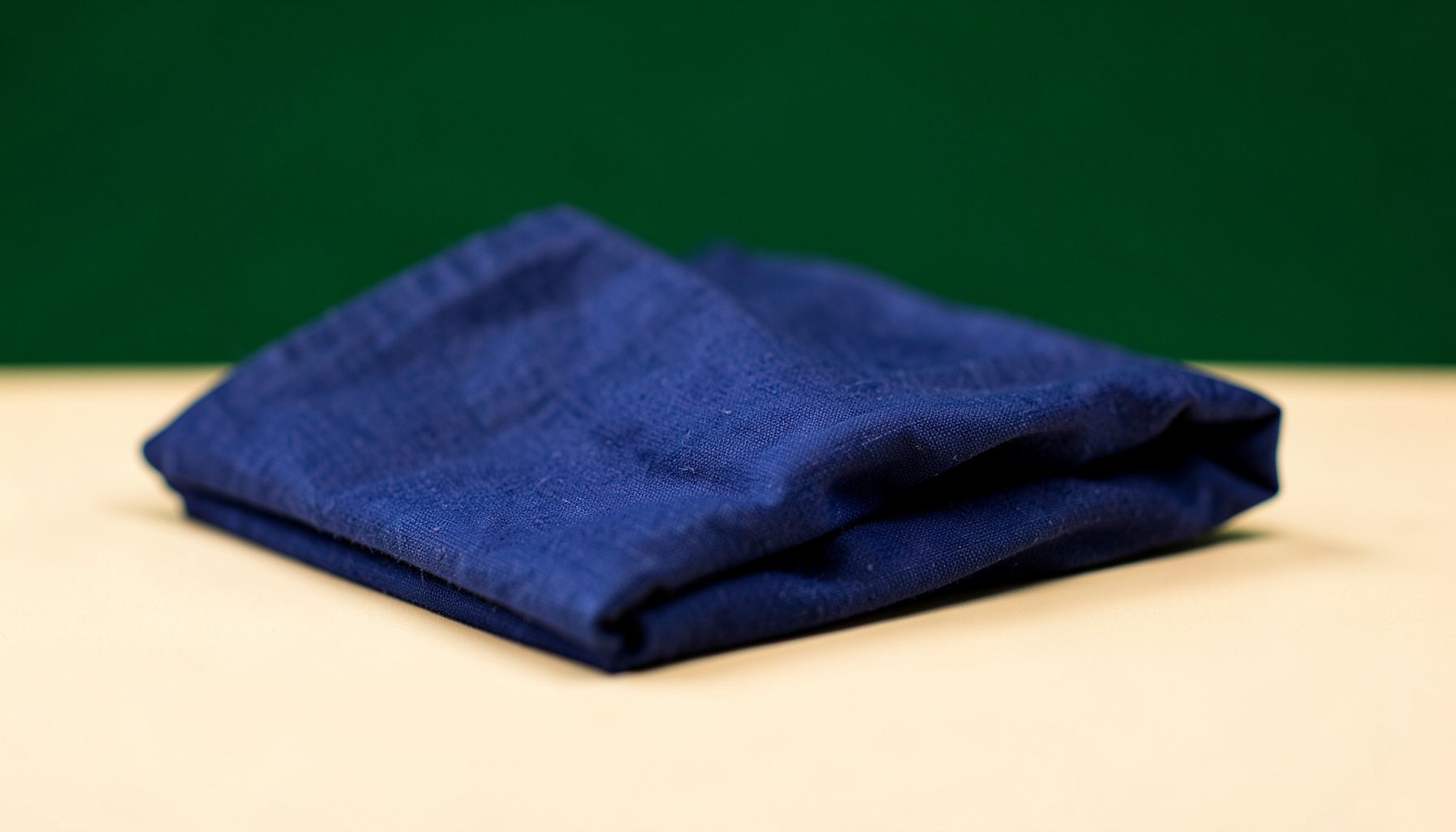 Soft-focus studio photograph of folded indigo-dyed fabric on a warm cream backdrop, calm and editorial in mood.