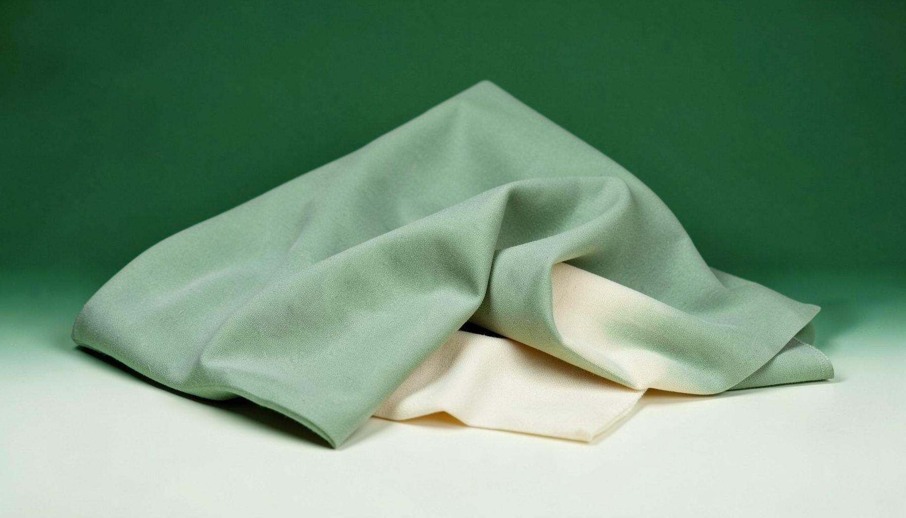 Soft, muted green and cream fabric folds arranged on a pale studio backdrop, evoking a calm, advisory mood.