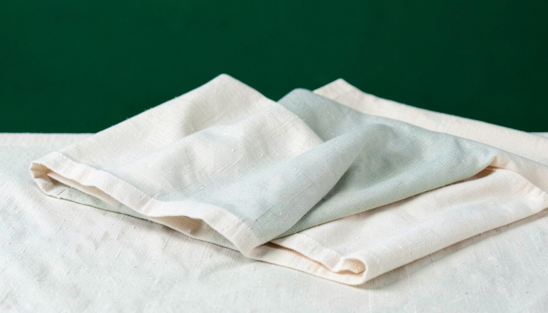 Soft sage and cream textile folds arranged on a pale linen surface, calm and orderly mood