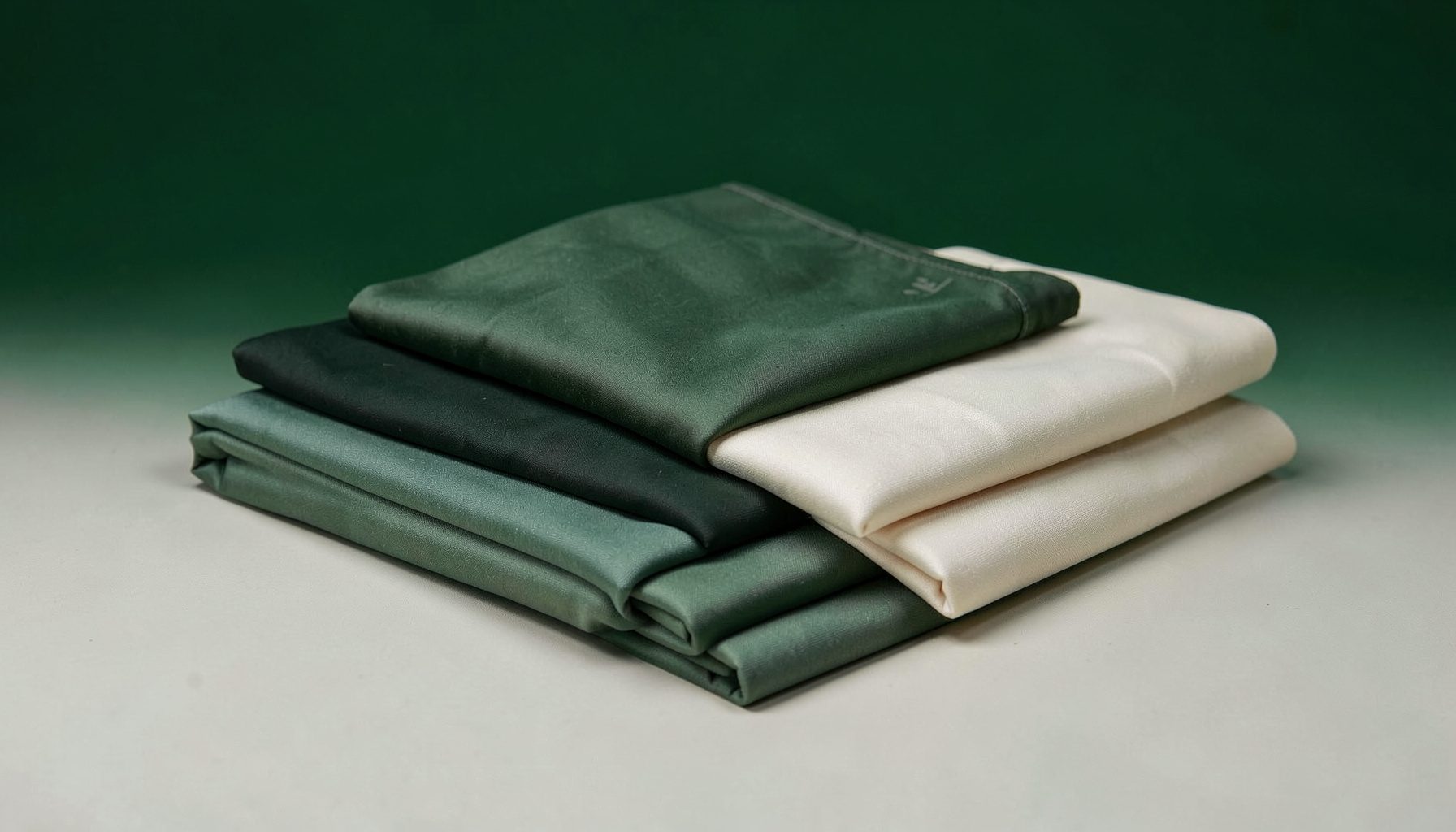 Soft studio photograph of folded silk kimono fabrics in muted forest green and cream tones on a seamless neutral backdrop, calm and advisory mood.